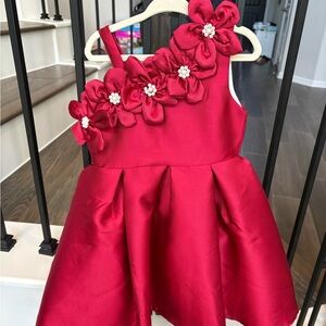 Girls' 4T Red Flower-Applique Satin Party Dress, NWOT